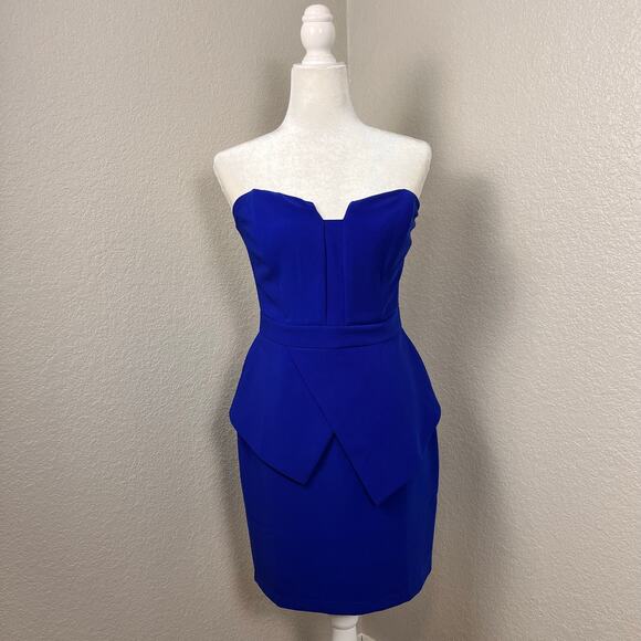 Adelyn Rae Womens Size Small Cobalt Blue Strapless Bodycon Peplum Mini Dress - Picture 1 of 9